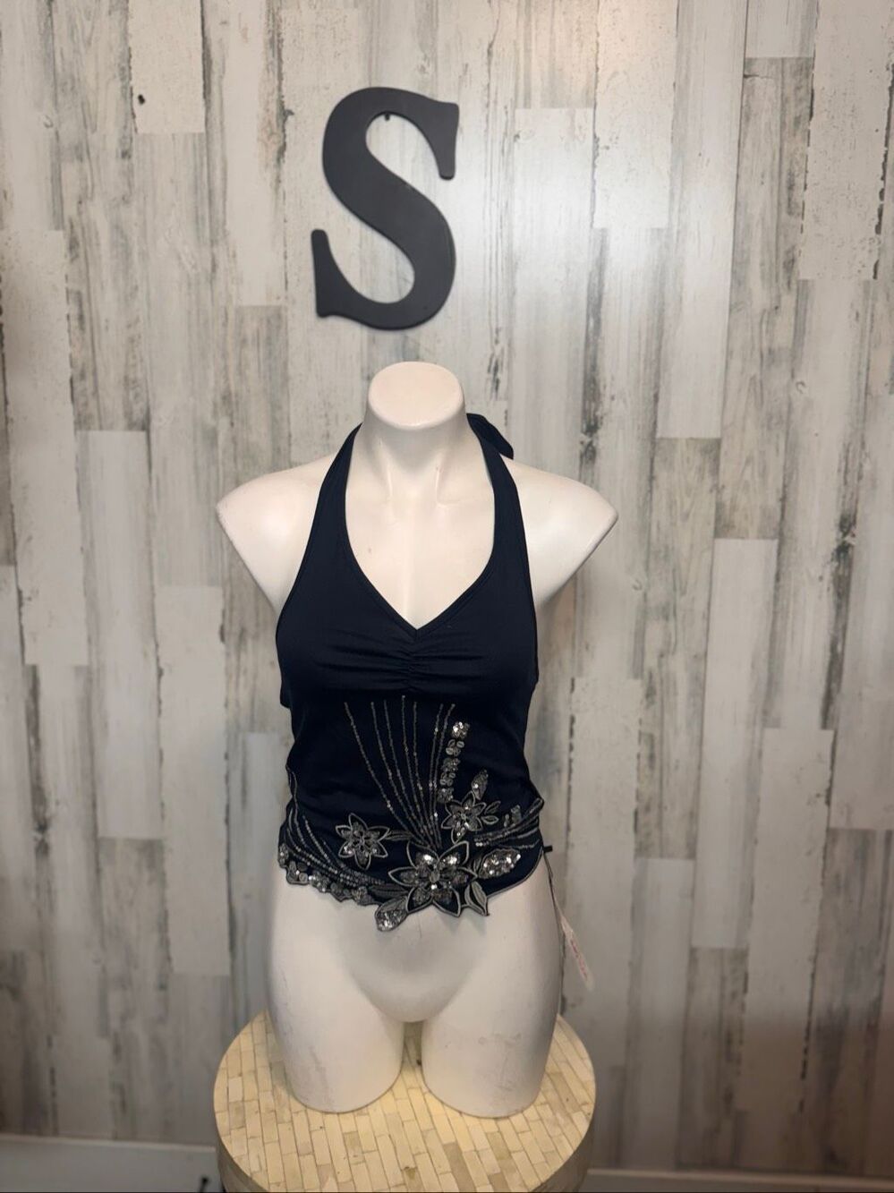 ROMWE NWT Black Sequin Beaded Embroidered Halter Top Open Back Womens Small S /